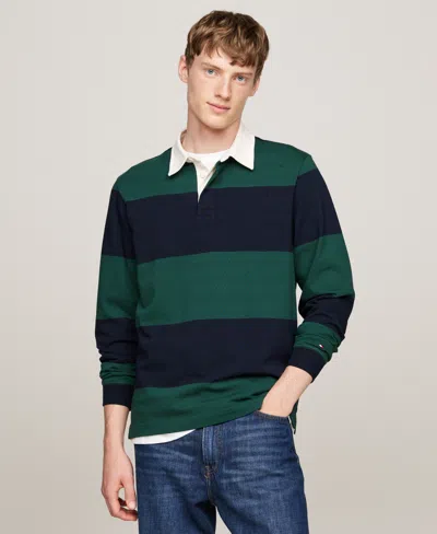 Tommy Hilfiger Striped Rugby Shirt In Ornamental Green/navy