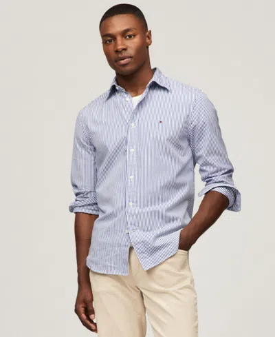 Tommy Hilfiger Men's Regular-fit Striped Poplin Shirt In Wedge Blue,optic White