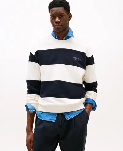 Tommy Hilfiger Men's Relaxed-fit Block Stripe Logo Sweatshirt In Navy/ivory Petal