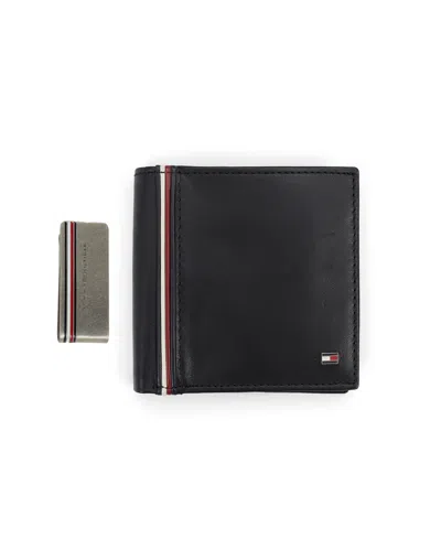 Tommy Hilfiger Men's Rfid Global Striped Passcase Wallet And Money Clip Set In Black