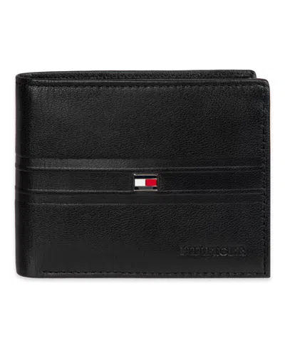 Tommy Hilfiger Men's Rfid Stripe Embossed Bifold Traveler Wallet In Black