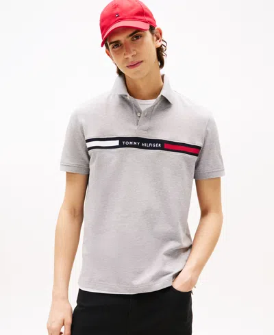 Tommy Hilfiger Men's Short Sleeve Embroidered Chest Stripe Polo Shirt In Gray