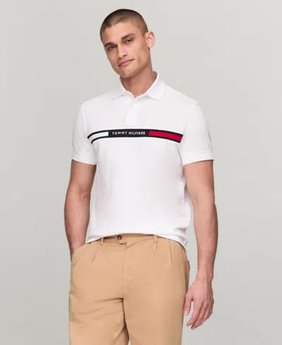 Tommy Hilfiger Men's Short Sleeve Embroidered Chest Stripe Polo Shirt In White