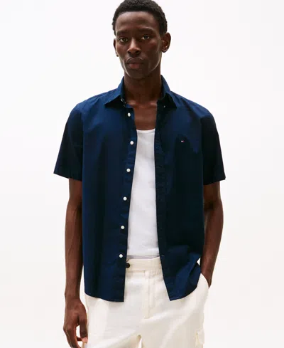 Tommy Hilfiger Men's Short Sleeve Flex Poplin Regular Fit Shirt In Desert Sky