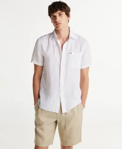 Tommy Hilfiger Men's Short-sleeve Pigment-dyed Linen Button-front Shirt In Optic White