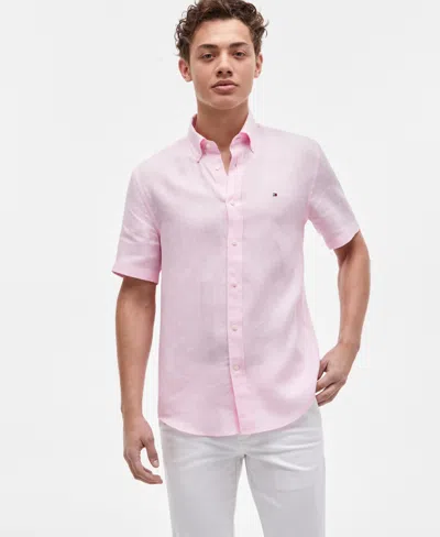 Tommy Hilfiger Men's Short-sleeve Pigment-dyed Linen Button-front Shirt In Pink