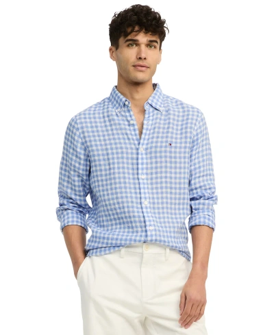Tommy Hilfiger Men's Slim-fit Gingham Check Button-down Linen Shirt In Blue Spell,optic White
