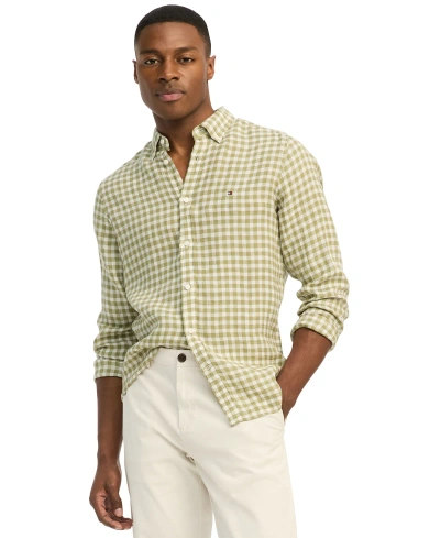 Tommy Hilfiger Men's Slim-fit Gingham Check Button-down Linen Shirt In Faded Olive,optic White