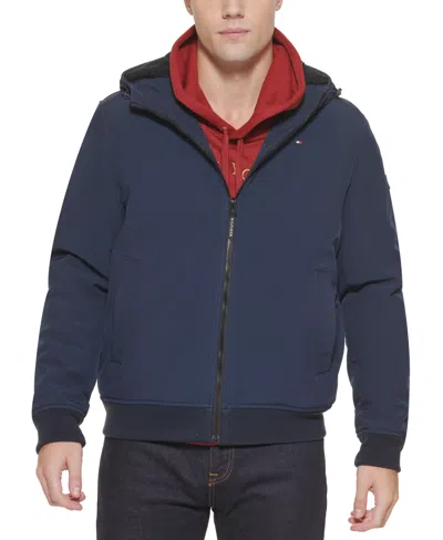 Tommy Hilfiger Men's Softshell Performance Hooded Fleece-lined Bomber Jacket In Midnight