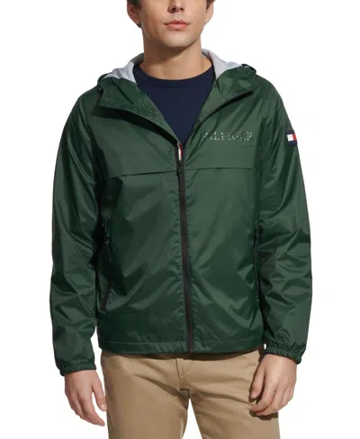 Tommy Hilfiger Men's Stretch Hooded Zip-front Rain Jacket In Green
