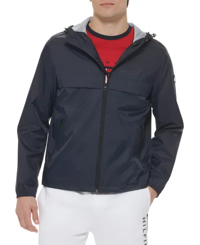 Tommy Hilfiger Men's Stretch Hooded Zip-front Rain Jacket In Navy Twill