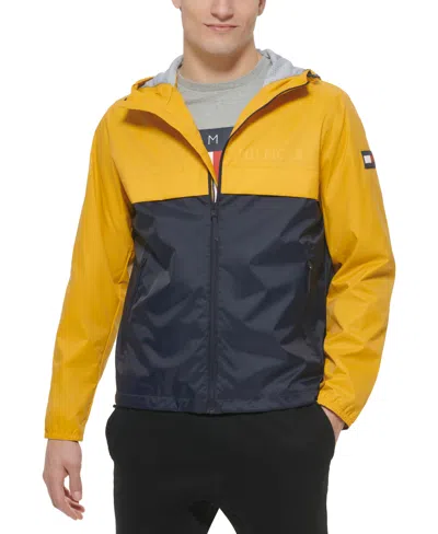 Tommy Hilfiger Men's Stretch Hooded Zip-front Rain Jacket In Yellow Navy