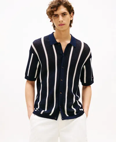 TOMMY HILFIGER MEN'S STRIPE OPEN-KNIT POLO SHIRT