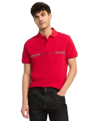 Tommy Hilfiger Men's Striped Chest Short Sleeve Polo Shirt In Primary Red