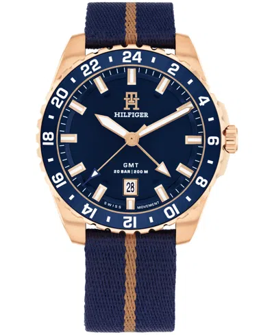 Tommy Hilfiger Men's Swiss Blue And Rose Gold Ocean Tide Textile Watch 42mm In Navy