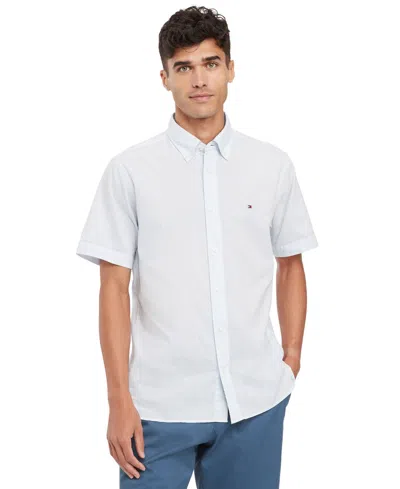 Tommy Hilfiger Men's Textured Short Sleeve Button-down Shirt In Light Blue,optic White