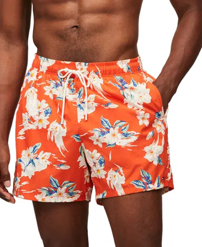 Tommy Hilfiger Men's Print Drawstring 5" Swim Trunks In Tropical Floral Brilliant Orange