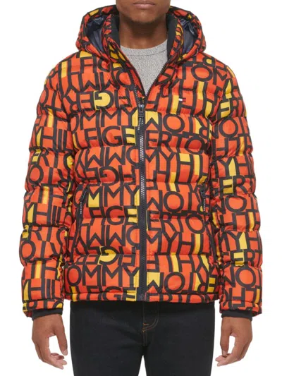 Tommy Hilfiger Men's Typographic Print Hooded Puffer Jacket In Orange Logo