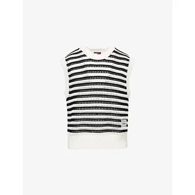 TOMMY HILFIGER MENS BLACK/IVORY PETAL STRIPE THE APXGP COLLECTION OPEN-KNIT SLEEVELESS KNITTED COTTON VEST