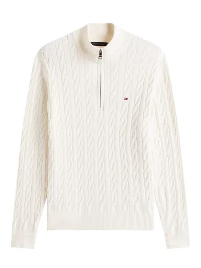 Tommy Hilfiger Mens Cable Knit Half-zip Jumper Cream In White