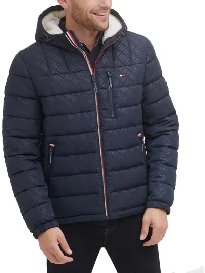 Tommy Hilfiger Men's Sherpa Lined Hooded Quilted Puffer Jacket In Navy Th Tonal Print