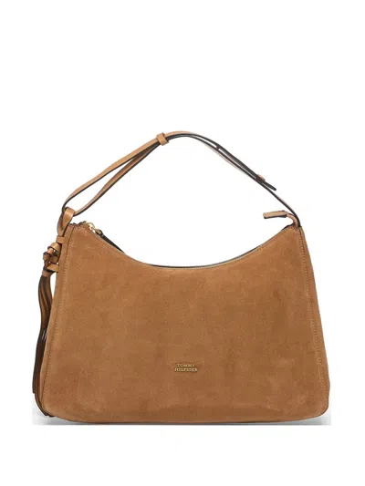 Tommy Hilfiger Metal Logo Suede Shoulder Bag In Brown