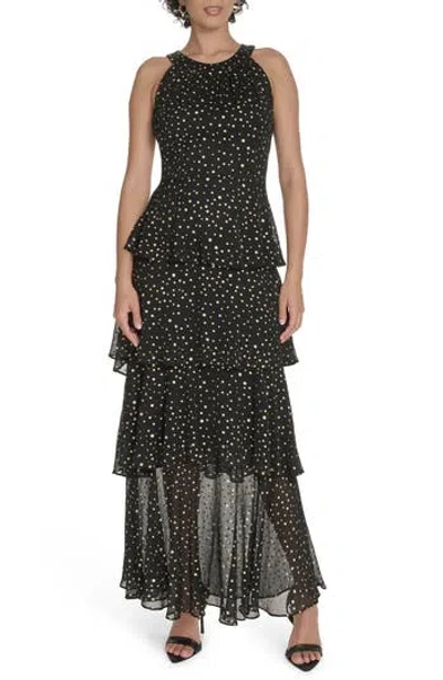 TOMMY HILFIGER TOMMY HILFIGER METALLIC DOT SLEEVELESS TIERED CHIFFON MAXI DRESS