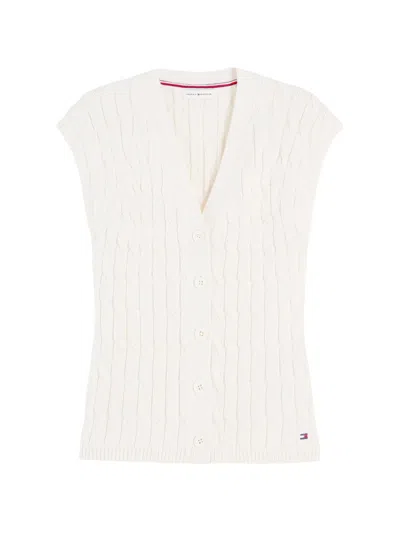 Tommy Hilfiger Cable Knit V Neck Cap Sleeve Vest In White