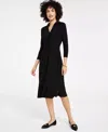 Tommy Hilfiger Midi Dress Womens Black Twist Front 3/4 Sleeve Collared Kfc242 In Black