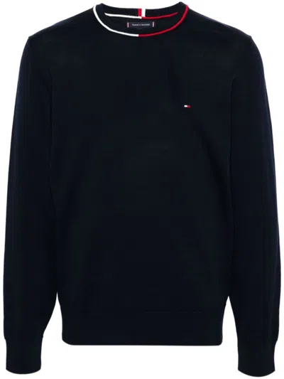Tommy Hilfiger Embroidered-logo Fine-knit Jumper In Blue