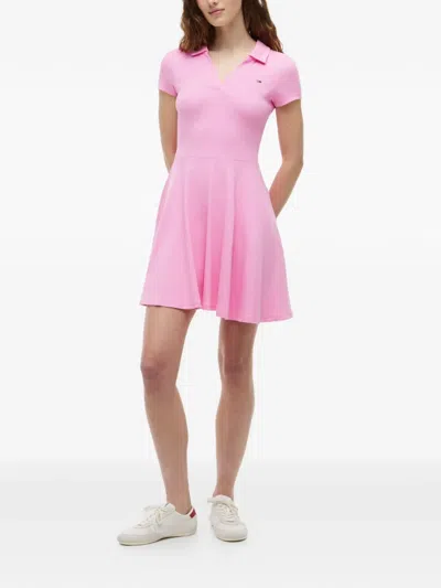 Tommy Hilfiger Mini Ribbed-knit Flared Polo Dress In Pink