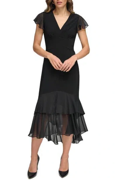 Tommy Hilfiger Mixed Media High-low Dress In Black