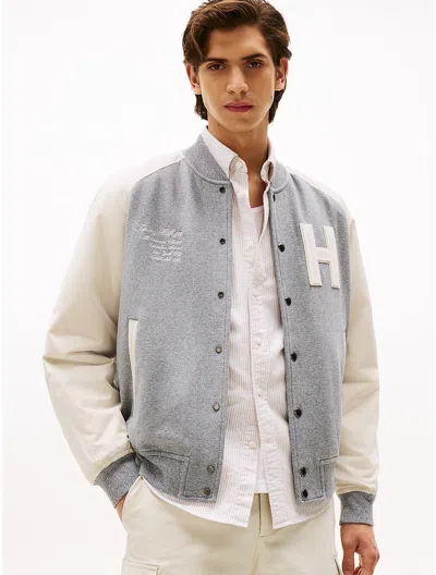 Tommy Hilfiger Mixed Media Varsity Sweatshirt Bomber In Gray