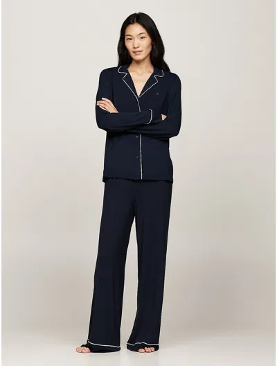 Tommy Hilfiger Stripe Piping Long Sleeve Pyjama Top In Navy