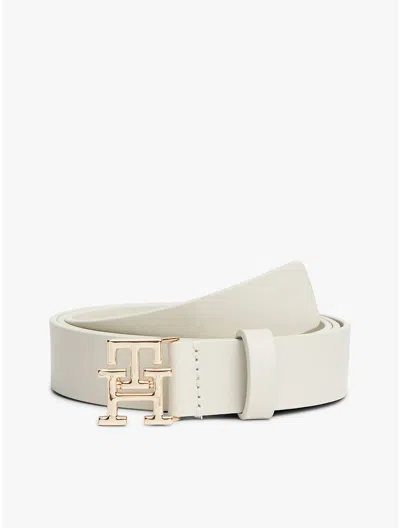 Tommy Hilfiger Monogram Buckle Leather Belt In White