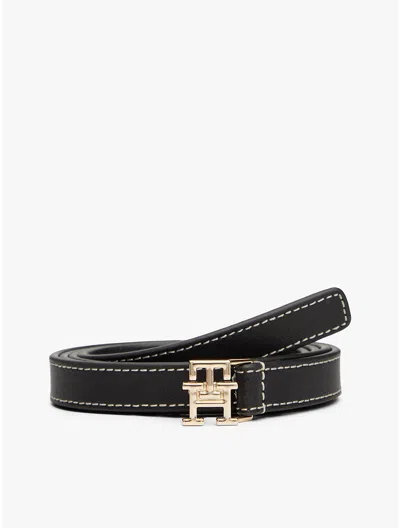 Tommy Hilfiger Monogram Buckle Slim Leather Belt In Black
