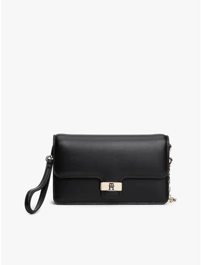 Tommy Hilfiger Monogram Clasp Pebbled Flap Clutch In Black