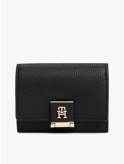 Tommy Hilfiger Monogram Clasp Pebbled Trifold Wallet In Black