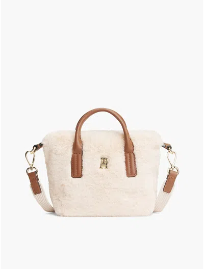 Tommy Hilfiger Monogram Faux Fur Micro Tote Bag In Blue
