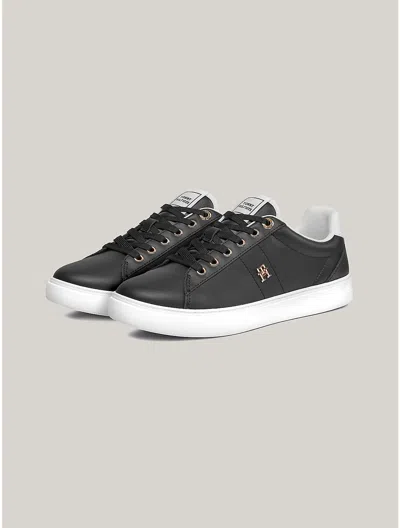 Tommy Hilfiger Monogram Leather Cupsole Sneaker In Black