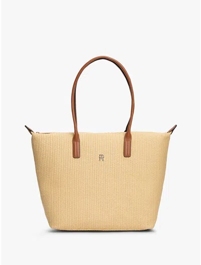 Tommy Hilfiger Monogram Logo Raffia Tote Bag In Brown