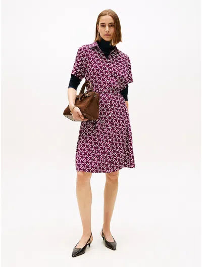 Tommy Hilfiger Monogram Print Belted Shirtdress In Burgundy