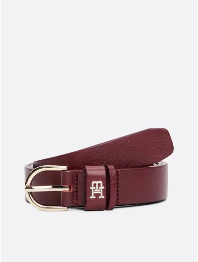 Tommy Hilfiger Monogram Round Buckle Thin Leather Belt In Oxblood