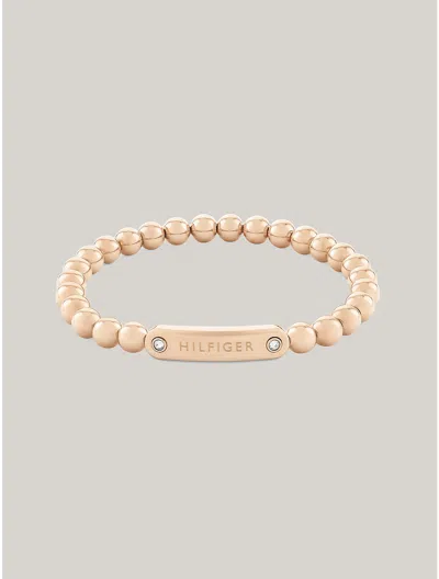 Tommy Hilfiger Beaded Stainless Steel Logo Stretch Bracelet In Carnation Gold
