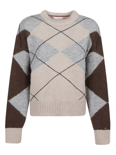 Tommy Hilfiger Argyle Pattern Crew Neck Knit Sweatshirt In Brown