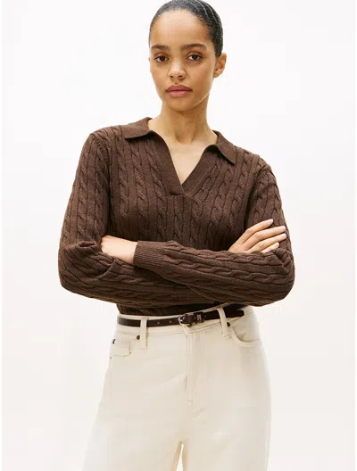 Tommy Hilfiger Open Placket Cable Knit Sweater Polo In Brown
