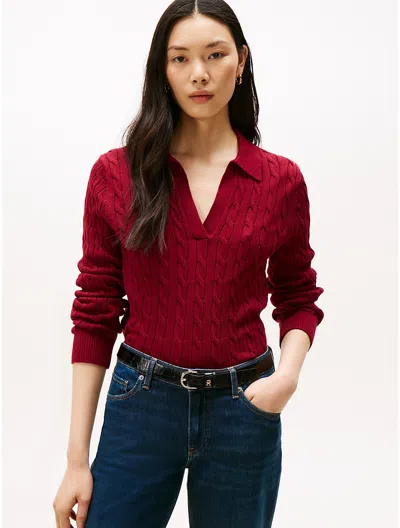 Tommy Hilfiger Open Placket Cable Knit Sweater Polo In Red