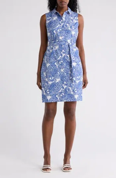Tommy Hilfiger Paisley Sleeveless Cotton Shirtdress In Bright White/blue