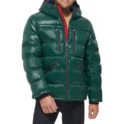 Tommy Hilfiger Pearlized Water Resistant Hooded Puffer Jacket In Green