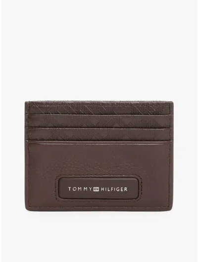 Tommy Hilfiger Pebbled Leather Monogram Card Holder In Coffee Bean